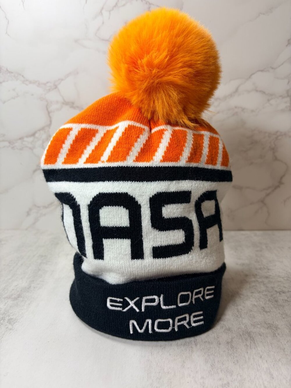 NASA Explore More Pom Beanie Hat Orange Black White One Size Mad Engine